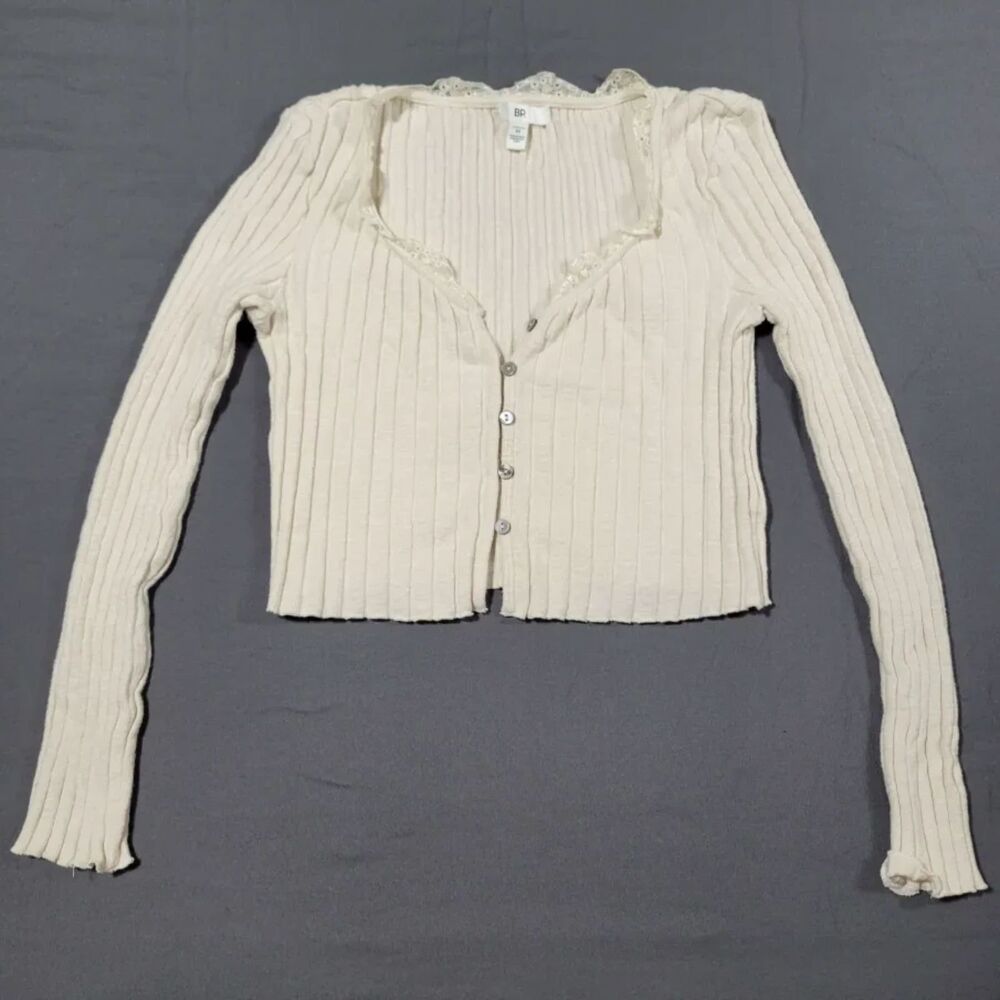 BP Nordstrom Women's Medium Cream Cotton Blend Cropped Ribbed Cardigan